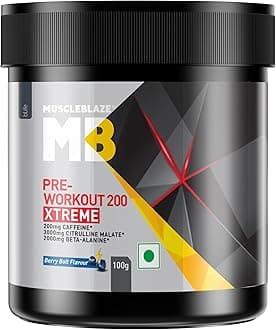 MuscleBlaze Pre Workout 200 Xtreme, 200Mg Caffeine, 200Mg Theanine, 2000Mg Beta Alanine, 3000Mg Citrulline (Berry Bolt, 100 G, 15 Servings), Powder,Pack of 1