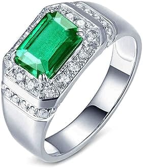Platinum Ring for Men, Anniversary Ring for Him 1.42ct Rectangular Emerald with 0.35ct Diamond Promise Engagement Ring White Gold