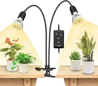 SANSI 300W LED Grow Lights, 2-Head Full Spectrum LED Plant Lamp with Clip, 4000K Sunlike, Timer 4/8/12 Hrs for Indoor Seedlings Germination (Lifetime Free Bulb Replacements) - Black