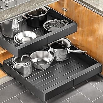 Kitstorack Expandable Slide Out Cabinet Organizer Shelf with Adhesive Film - For Kitchen, Pantry, Bathroom Storage