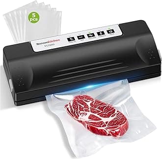 Bonsenkitchen Vacuum Sealer Machine for Food, Multi-Functional Food Sealer, Automatic Operation Mode, Commercial Grade, Compact Design, with 5 Vacuum Bags, Black-Silver