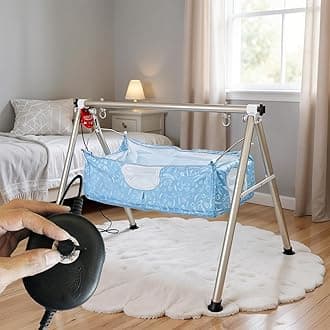TINYTYKE Automatic Cradle for Baby - Electric Swing Cradle with Adjustable Speed - Semi-Foldable Frame with Blue Cloth and Mosquito Net - Baby Palna/Jhula for Kids of 0 to 3 Years - Carry Upto 20kgs