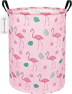 QUEENLALA Large Storage Basket,Laundry Hamper/Bathroom/Home Decor/Collapsible Round Storage Bin,Boys and Girls Hamper/Boxes/Clothing(Round-Pink Flamingo)