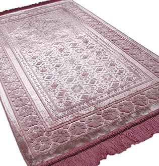 Modefa Velvet Islamic Prayer Rug with Prayer Beads Turkish Janamaz Sajadah Floral Stamp Luxury Plush (Dark Pink)