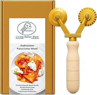 La Gondola Homemade Pasta Cutter - Double Wheel (Festooned & Smooth) | Pasta Making Tool for Home and Business | Brass & Natural Wood | Easy to Use Pasta Cutting Tool | Ravioli Cutter Made in Italy