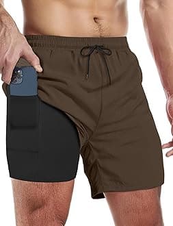 Buauty Mens Swim Trunks with Compression Liner 5 Inch Inseam Quick Dry Swim Shorts Mens Swimsuit Board Shorts with Pockets