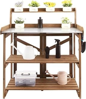Folding Potting Bench Table,Outdoor Potting Bench Garden Wooden Potting Table,Fir Wood Workstation Planting Table with Galvanized Tabletop,2 Tier Storage Shelves,Top Shelf(Brown)