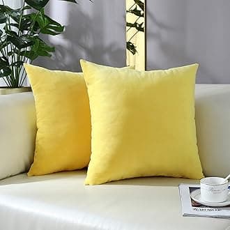 mixeoo Comfy Lemon Yellow Throw Pillow Covers Decorative Square Solid Thick Velvet Super Soft Cushion Cases Home Decor for Sofa Couch Living Room Chair, Set of 2, 18 x 18 Inch
