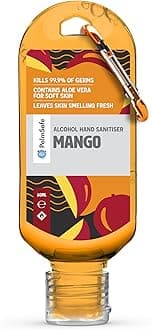 Mango 60ml Anti Bacterial Premium Hand Sanitiser Travel Size Refillable Clip Bottle Quick Drying Non Sticky Extra Moisturising Kills 99.9% of Viruses and Bacteria