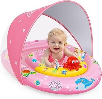 EZIGO Baby Pool Float with Canopy UPF50+ Sun Protection, Inflatable Kids Pool Floats with Ocean Animal Toys for Baby 6-36 Months, Infant Swimming Float with Adjustable Safety Seat for Boys Girls