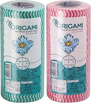 Origami Non Woven Reusable & Washable Kitchen Towel Roll | Ultra Absorbent, Antimicrobial & Anti Odour Wipes for Spotless Cleaning | Quick Dry Multi Purpose Tissues (80 Wipes Per Roll, 160 Sheets)
