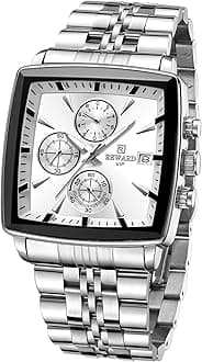 Quartz Mens Watch Classic Big Square Face Chronograph Waterproof Luminous Business Wrist Watch Man Silver-Tone