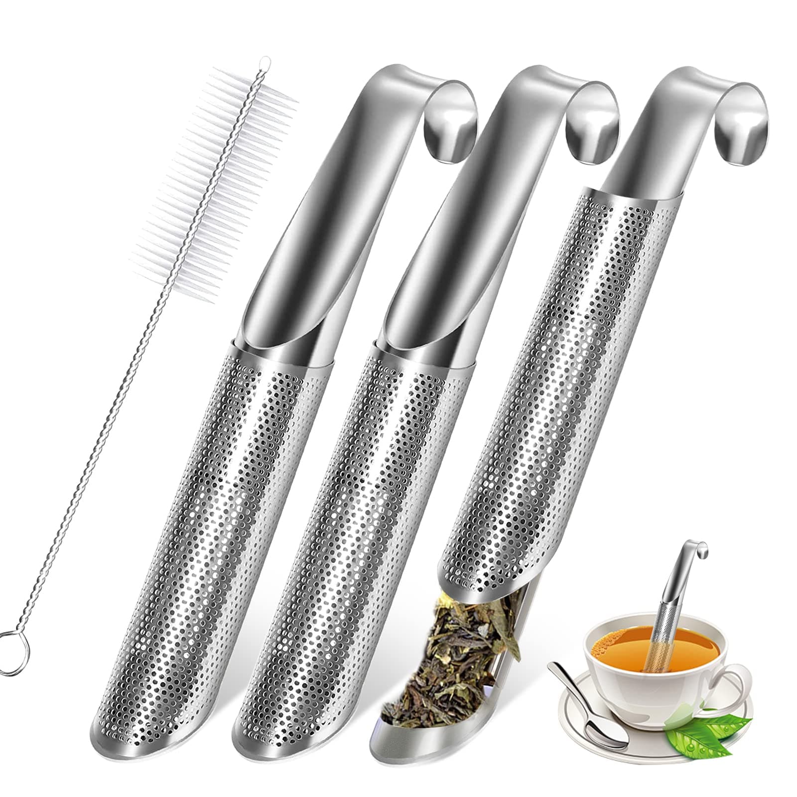 3 Pcs Tea Infuser and 1 Brush, tea diffusers for loose teaTea Infuser for Loose Tea Leaf, Coffee, Spices, Seasonings,Tea Infusers Pen with Hook