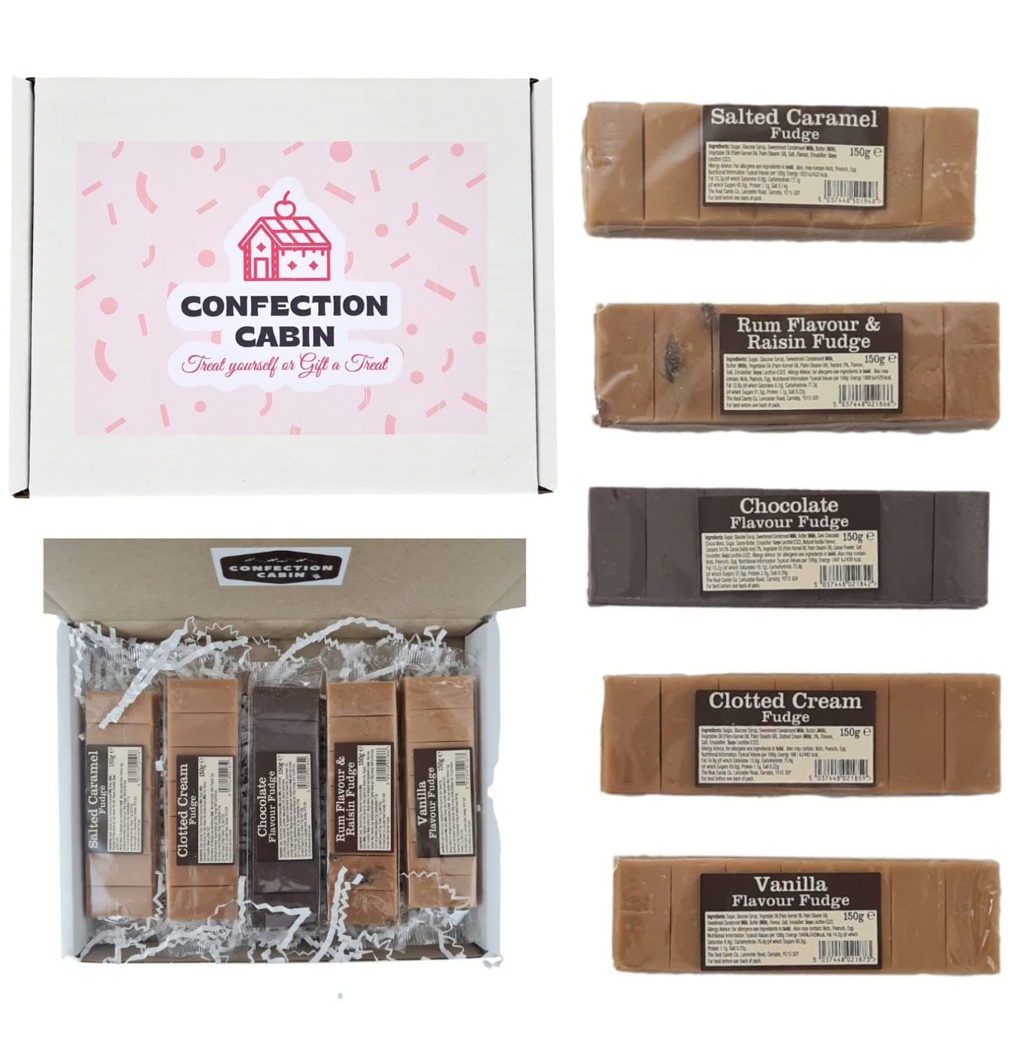 Fudge Gift Set in 5 Flavours (5 Bars x 130g) - Salted Caramel, Rum and Raisin, Chocolate, Vanilla, and Clotted Cream Bars | Selection Box, Stocking Fillers, Birthday Gift