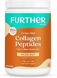 Further Food Hazelnut Collagen Peptides Powder with Lion’s Mane Mushroom, Grass-Fed Hydrolyzed Type 1 & 3 Protein, Gut Health + Joint, Hair, Skin, Nails, Paleo Keto Sugar-Free 9.88 oz