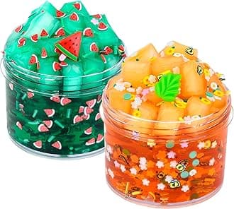 2 Pack Jelly Cube Crunchy Slime Kit, with Leaves and Watermelon Charms Crystal Clear Crunchy Slime, Super Soft Putty Supplies Toys, Slime Party Favors for Kids, Stress Relief, for Girls & Boys