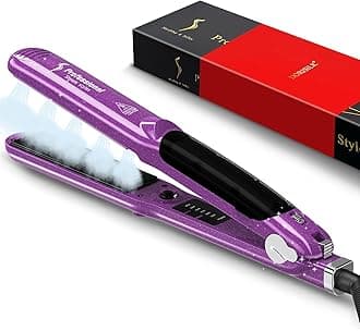 DORISILK 2.0 Upgraded Steam Hair Straightener and Curler, Ceramic 1 Inch Professional Salon Steampod Styler Plancha Vapor Iron, 450 LED Temp, 2 in 1, Purple