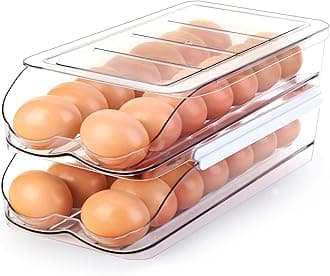 Egg Holder for Fridge, Automatic Rolling Egg Container for Refrigerator, Stackable Fridge Organizers and Storage with Lid, Clear Plastic Egg Dispenser & Tray (2 Tier)