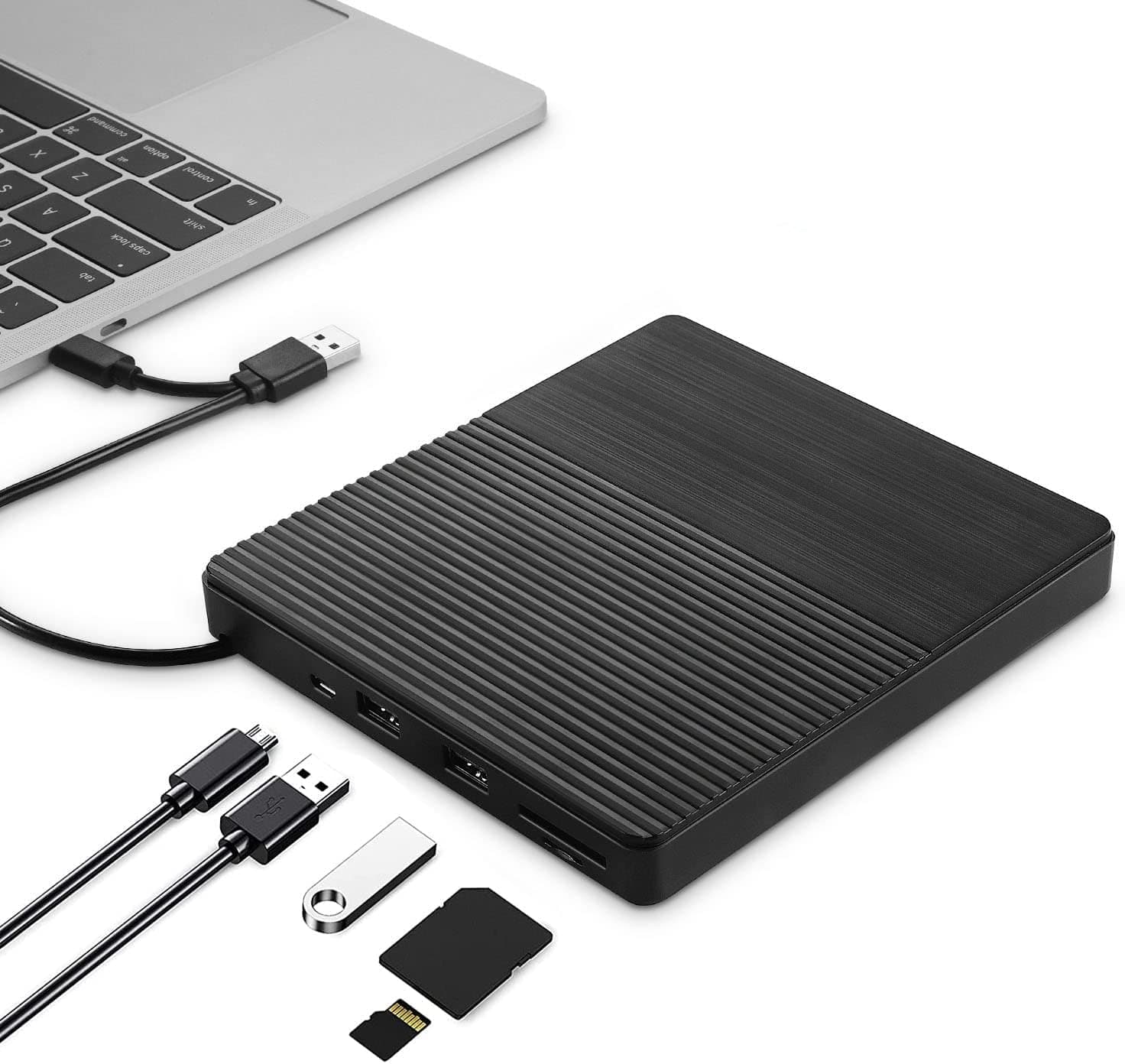 – 5-in-1 External CD/DVD Drive, Multi-Function Portable Optical Drive Burner with Type-C USB 3.0 and SD Slot – Compatible with Windows, Mac OS, and Linux