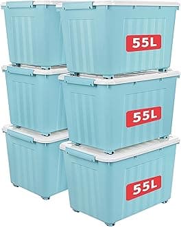Cetomo 55L*6 Storage Boxes with Wheels, Plastic Storage Box with Lid, Latching Buckles, Click Closure, Stackable, Nesting, Durable Organizer for Home Office Clothes, Blue, 55L-6 Pack