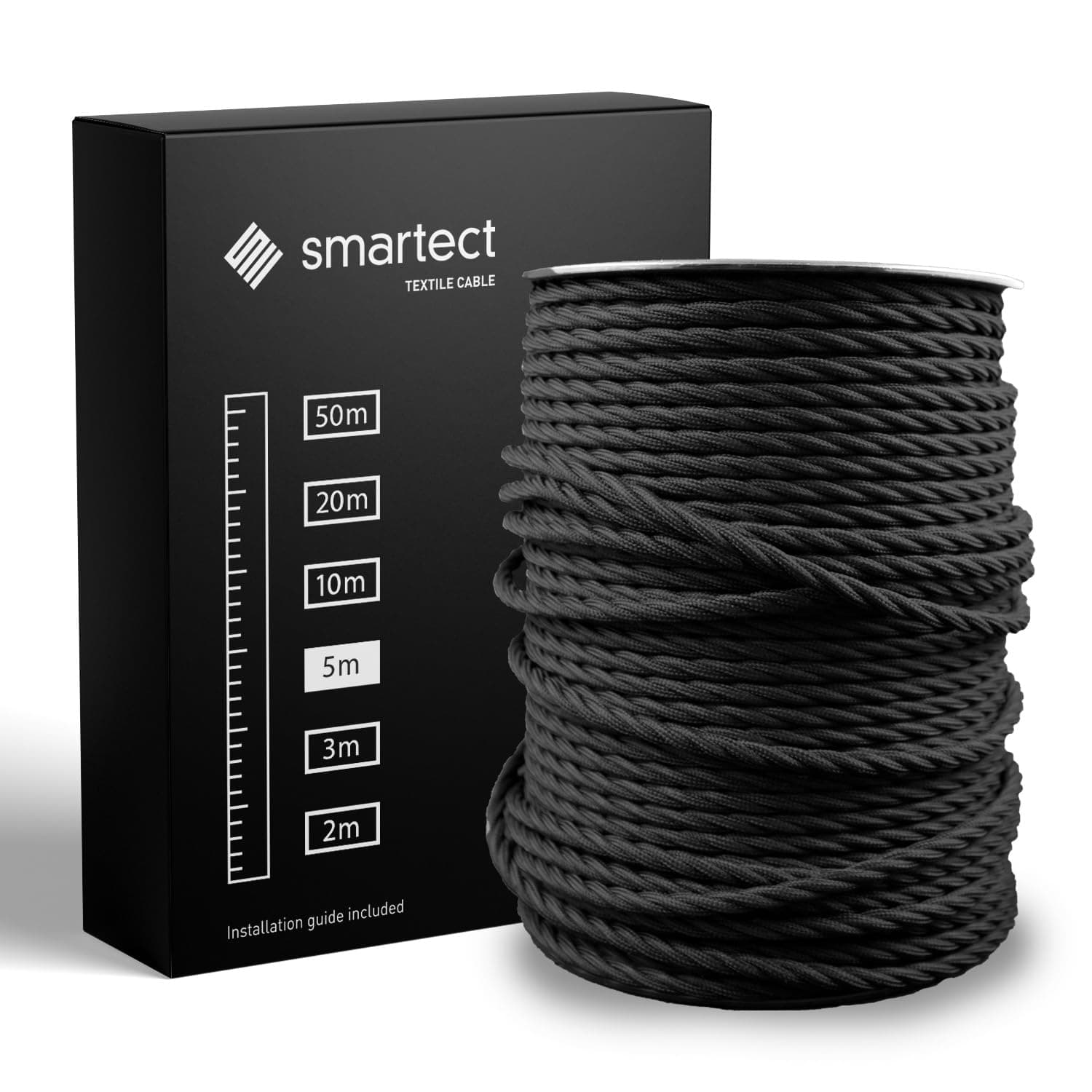 smartect Textile Cable in Black - 5 Meter Textile Power Cable - 3-Wire (3 x 0.75mm²) - Fabric Lined Lamp Cable for DIY - It - Self Projects