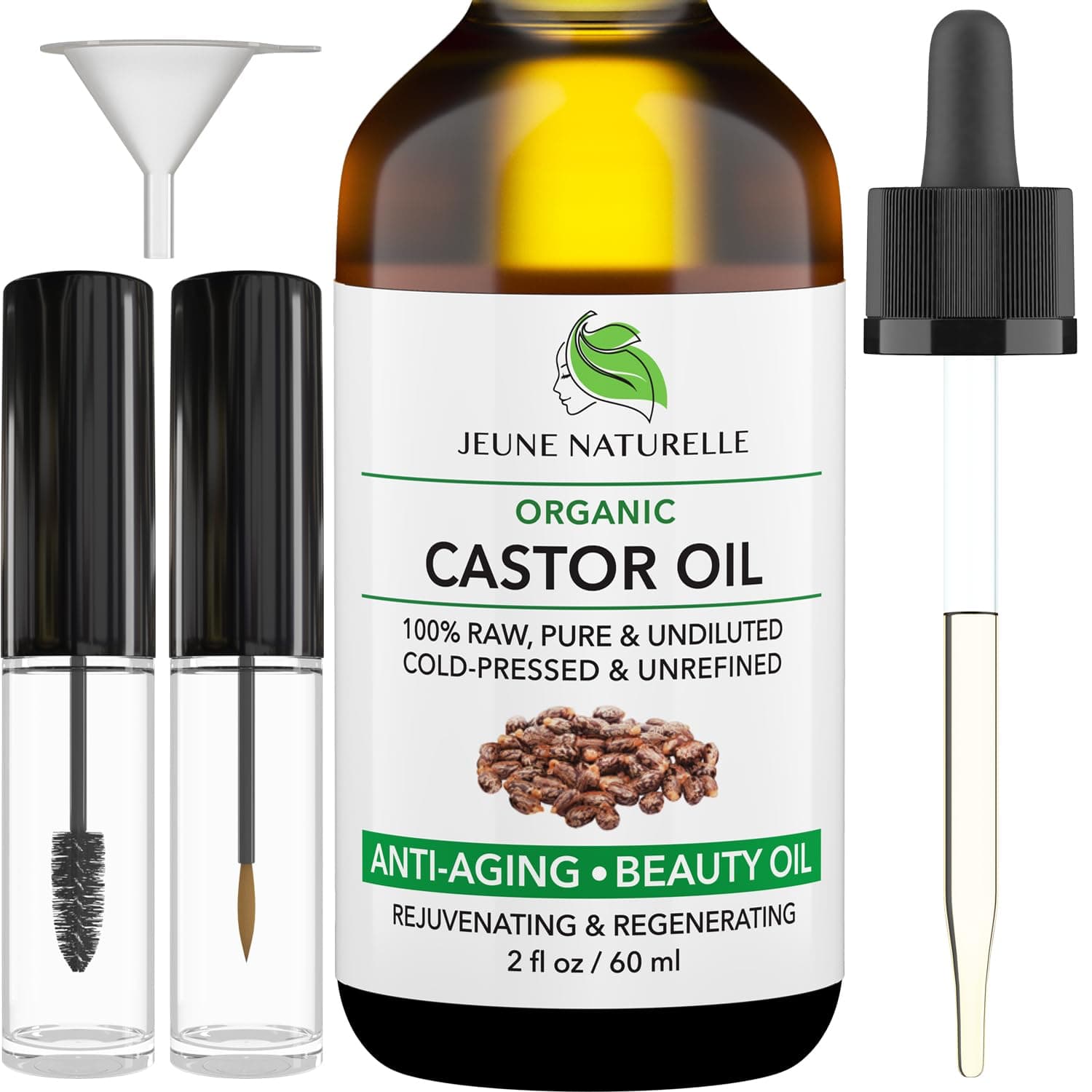 Jeune Naturelle Castor Oil Organic, Cold Pressed Unrefined - 100% Pure, Raw, Virgin, Undiluted for Hair Growth, for Face, Eyelashes, Eyebrows, Hexane Free Organic Castor Oil for Hair, 2 oz
