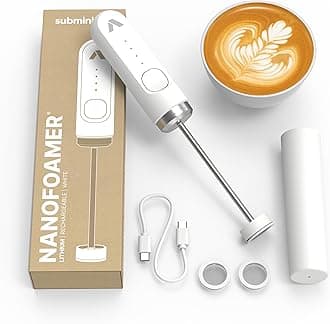 Subminimal Performance Milk Foamer - NanoFoamer Lithium Handheld Frother - Rechargeable, Dual-Speed Microfoamer - Microfoamed in 30sec - Barista-Style - White Special Edition