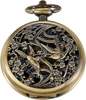 Antique Mechanical Pocket Watch for Men，Irregular Octagon Skeleton Pocket Watch, Roman Numeral Dial with Chain + Box