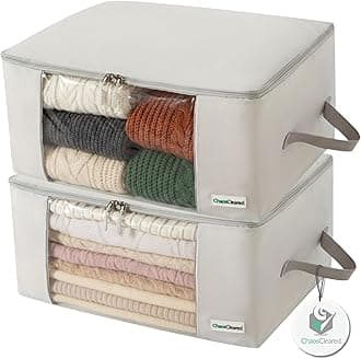 2 Pack Clothing Storage Bags Clothes Organizer folding fabric bags for sweaters, clothing, garment, bedding, quilt, linens, large folding organizers with zip & window, mothproof underbed space savers