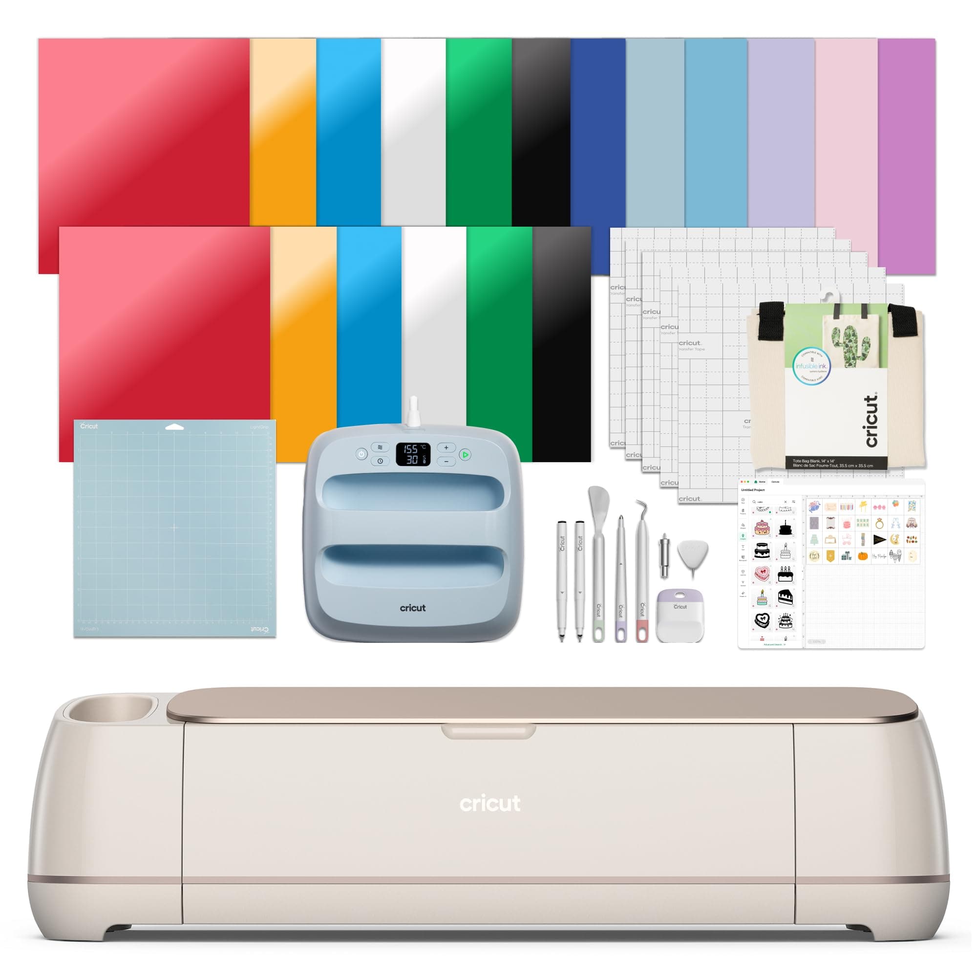 Maker 4 - Smart Cutting Machine (Seashell) | Engagement Plus Bundle - Includes EasyPress 3 Heat Press (9x9) + Mat, Tote Bag, Material Samplers, Machine Mat, Pens, Tools, & 25 Digital Images