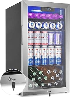 - 128 Cans Beverage Refrigerator Cooler, 3.2 Cu.Ft Mini Drink Fridge Glass Door for Drink Beer Soda Wine, Beer Fridge with 4 Removable Shelves for Kitchen Bedroom, Office Bar Gaming Room,Stainless Steel