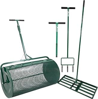 Landzie 4-Step Compost and Peat Moss Spreader Lawn Care System - Set Includes 36" Lawn and Garden Spreader with Soil Sample Probe, Hollow Tine Fork Aerator Lawn Leveling Rake