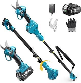 2-in-1 Electric Pruning Shears with Pole, 15Ft Reach, 1.2" Cutting Diameter, 21V 4000mAh Battery, Cordless Pruner with Brushless Motor for Orchard, Flower, Branch, Tree Trimming