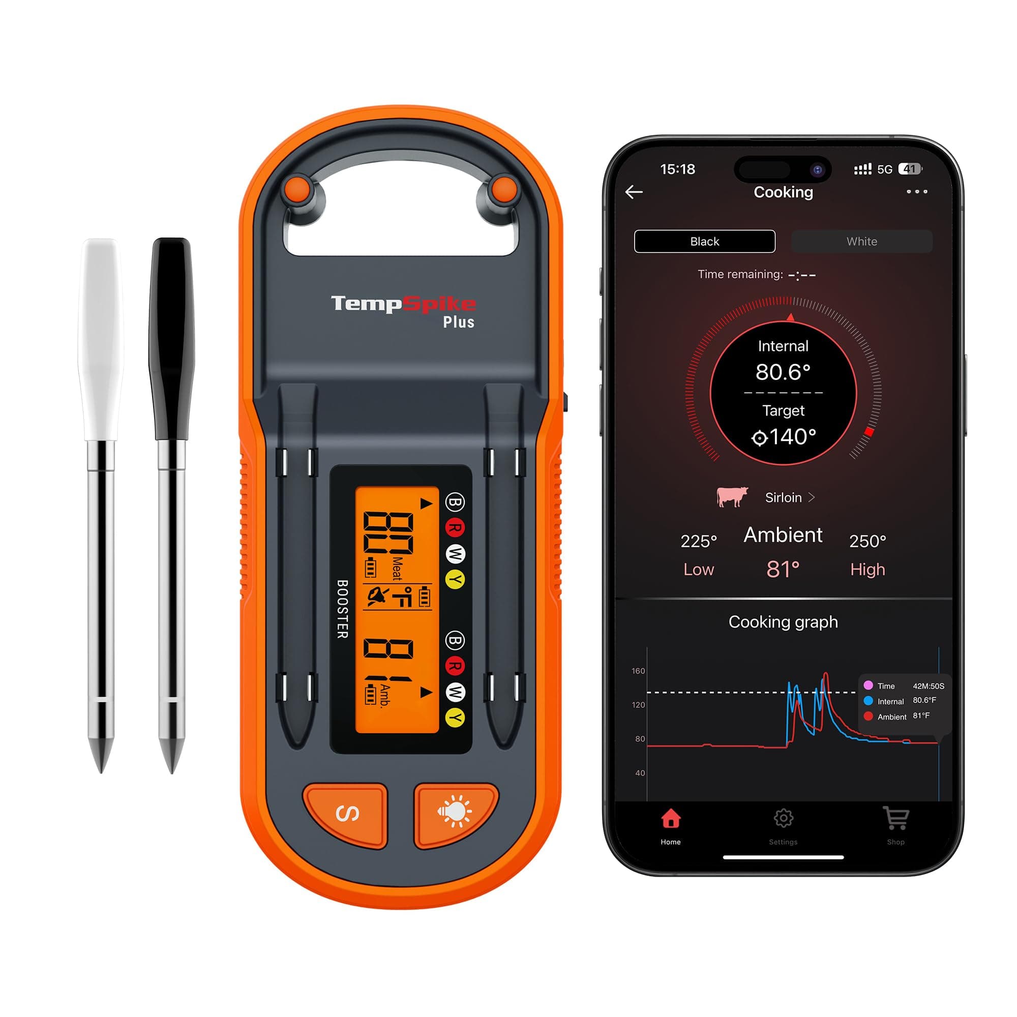 TempSpike Plus 600ft Wireless Meat Thermometer with 2 Color-Coded Probes, Bluetooth Meat Thermometer Wireless with LCD-Enhanced Booster for Food Cooking Grill Smoker