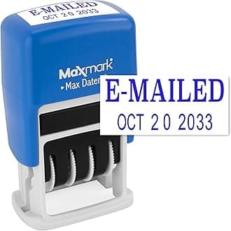 Self-Inking Rubber Date Office Stamp with Phrase & Date - Blue Ink (Max Dater II), 12-Year Band E-MAILED