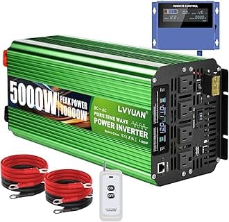 LVYUAN 5000 Watt Heavy Duty 10000(Peak) Pure Sine Wave Power Inverter 12V DC to 110V/120V AC Converter with 4 Sockets, LCD Display, Remote Control and USB Port for Home, RV, Truck, Solar, Emergency