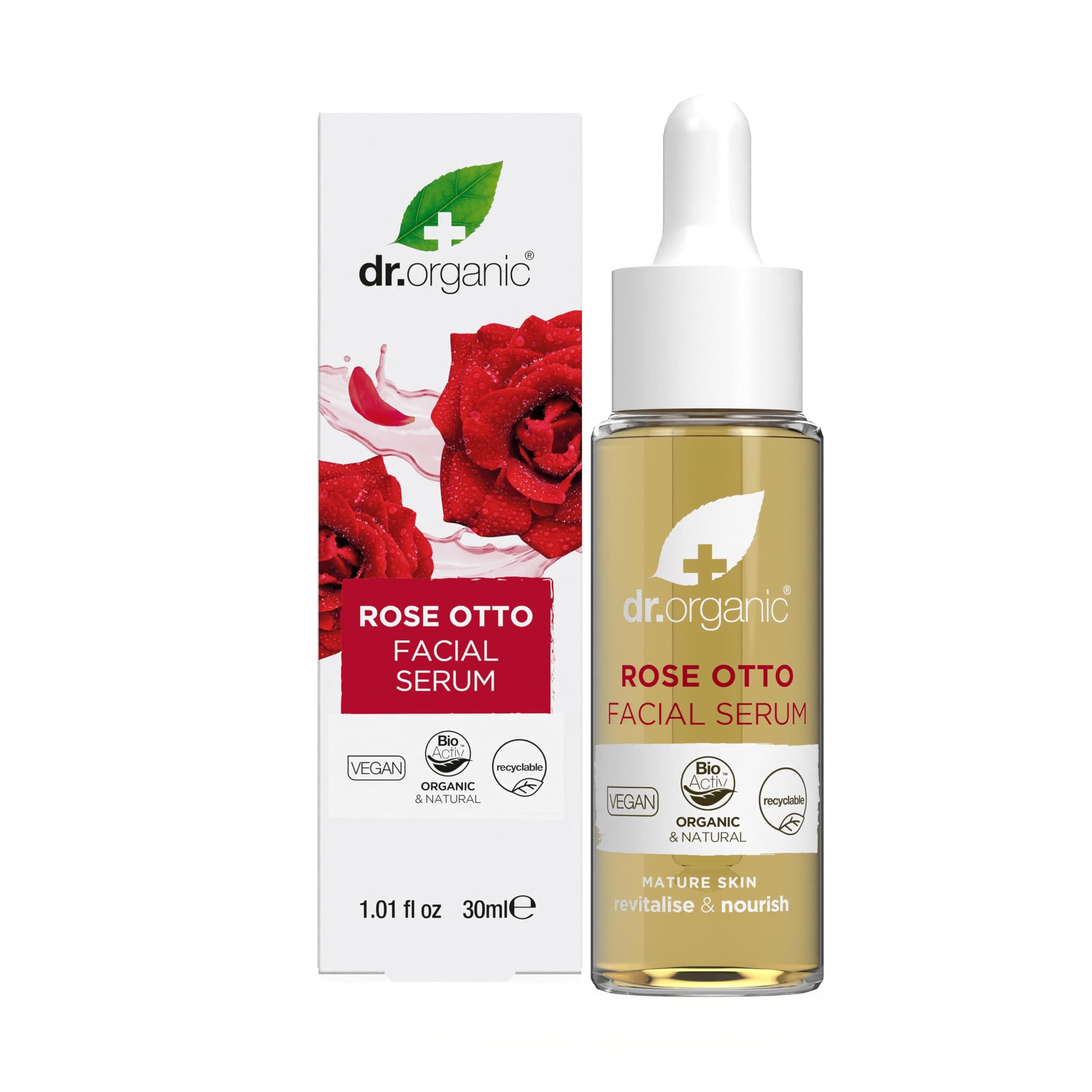 Dr Organic Rose Otto Facial Serum, Moisturising, Healthy-Aging, Wrinkles, Mature Skin, Natural, Vegan, Cruelty-Free, Paraben & SLS-Free, Recycled & Recyclable, Organic, 35ml, Packaging may vary