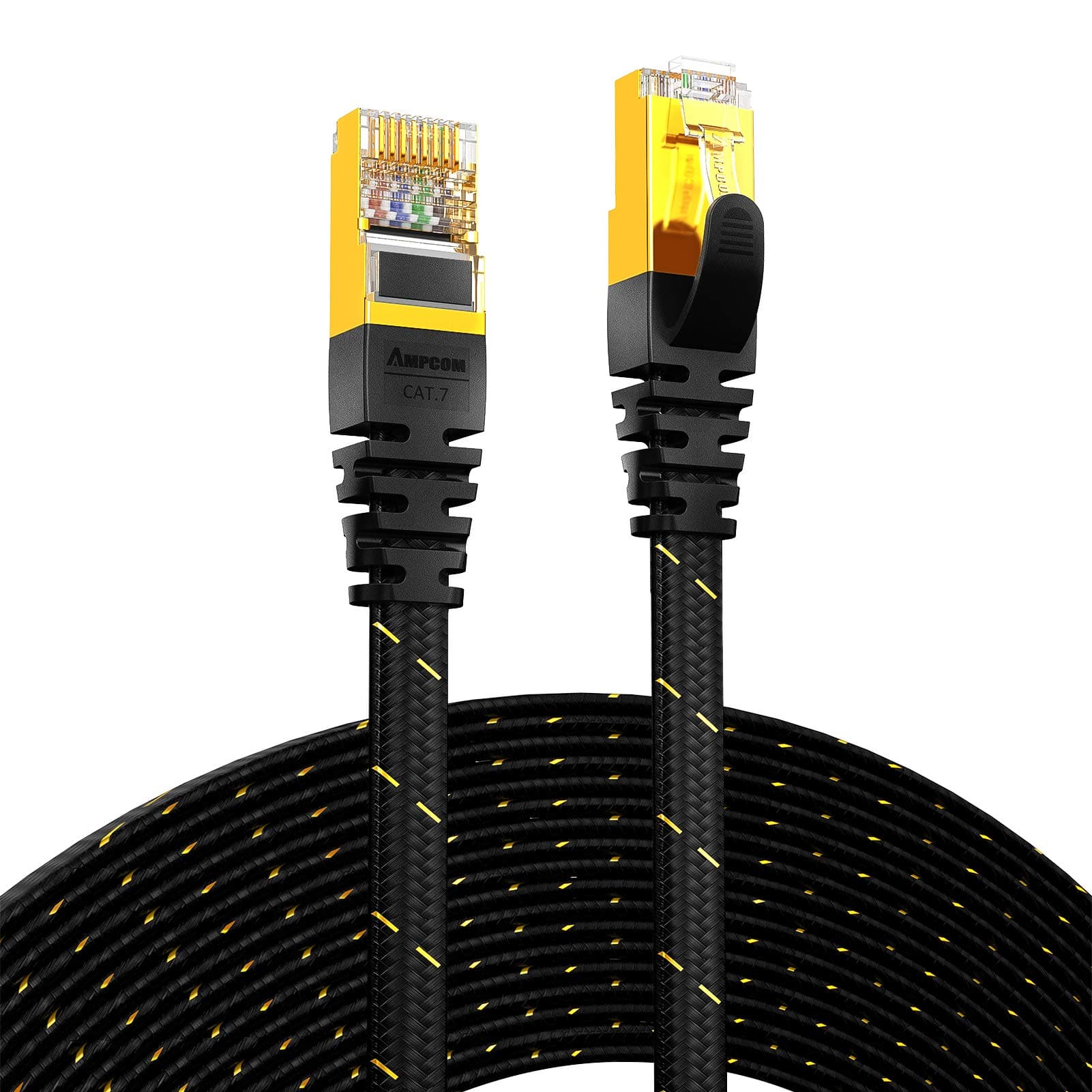 AMPCOM CAT7 Ethernet Cable (10G 600MHz), Shielded Flat Network Patch Cord, 50u Gold Plated Lead, Polyester Braided - 26ft Black