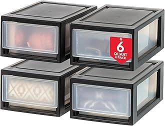 IRIS USA 6 Quart Compact Stacking Storage Drawer, Plastic Drawer Organizer with Clear Doors for Undersink, Kitchen, Pantry, Desk, and Home De-Clutter, Store Shoes and Craft Supplies, 4-Pack, Black