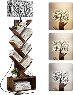 Evermagin Tree Bookshelf with Light, 6 Tier Small Bookcase, Narrow Floor Standing Book Tower Organizer with Storage Cabinet for Living Room, Bedroom and Home Office, Rustic Brown