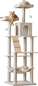 - MWPO Large Modern Cat Tree, 70.1-Inch Wood Cat Tower for Indoor Cats, Multi-Level Tall Cat Condo with 2 Padded Perches, Hammock, Scratching Posts, Dangling Toys, Beige