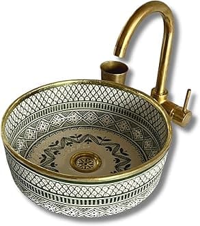 MIRATILE Handmade Ceramic Basin Sink, Handwash Countertop Vanity Basin, Farmhouse Bathroom Basin, Sink Bowl with Brass Rim Edge, Hand Painted Wash Basin Sink (10"= 25cm, Green)