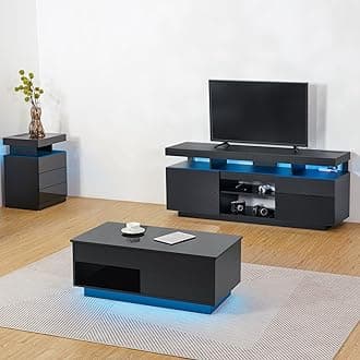 HOMMPA LED Lift Top Coffee Table and TV Stand Set of 2,Modern LED Entertainment Center with Power Outlets for up to 70" TV, Coffee Table with Hidden Compartment & 1 Open Shelve & 1 Drawers Black