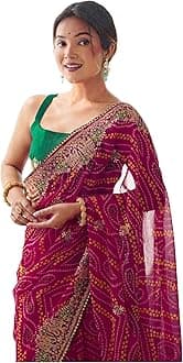 SIRILWomen's Georgette Bandhani Printed and Embroidery Saree with Unstitched Blouse Piece