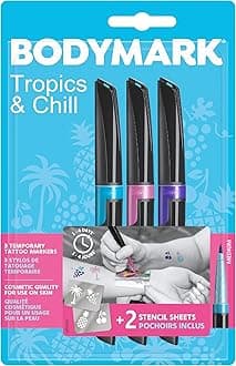 Bic BodyMark Temporary Tattoo Markers, Cosmetic Quality for Use on Skin - Pack of 3 Assorted Colours and 2 Stencil Sheets for Bold and Vibrant Body Art - Pack of 3+2