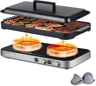 Double Induction Cooktop with Removable Griddle Pan Non-stick, 1800W 2 burner Portable Induction Stove With Sensor Touch 9 Power Levels, 99 Min Timer, Iron Grey