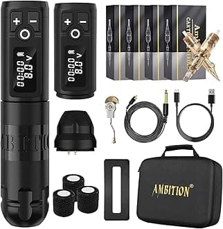 Ambition Soldier Wireless Tattoo Machine Kit Complete Rotary Coreless Motor Tattoo Pen Kit with Extra 1950mAh Battery 80pcs Premium Mixed Size Cartridge Needles Supply for Professional Tattoo Artist