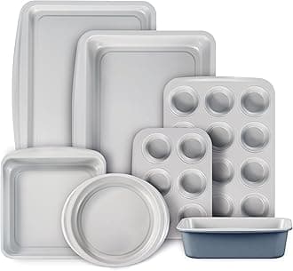 CAROTE 7-Piece Nonstick Stackable Baking Pans Set - Bakeware Sets Including Cookie Sheets for Baking, Muffin Pan, Bread Pan, Cake pan, Loaf Pan, Roasting Pan, Gray & Blue