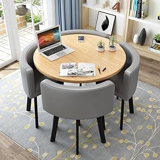 SUZEPER Round Kitchen Dining Table Set for 4, Space Saving Table and Chairs Set with Thick Tabletop 4 Upholstered Chairs, Dinning Room Modern Casual Coffee Table Set(D 31.5inch/80cm, PU Grey)