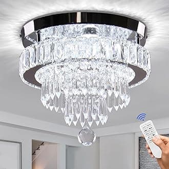 Finktonglan 11.8" Dimmable Crystal Ceiling Light with Remote, Mini Flush Mount Chandelier, Adjustable Brightness & 2700K-6500K CCT, 55W for Bedroom Living Room Hallway Entryway